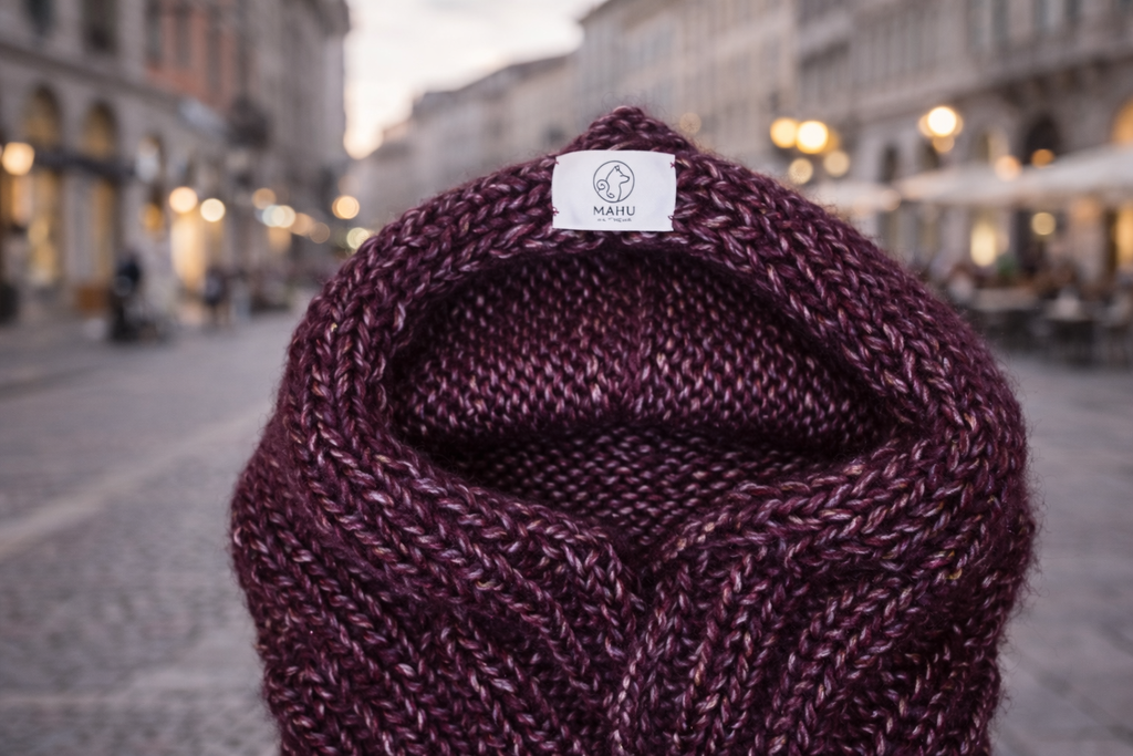 Scaldacollo e cappuccio integrato creato a mano e alla moda MAHU Knitwear